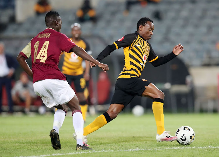 Khama Billiat, right, of Kaizer Chiefs is challenged by Ally Msengi of Stellenbosch FC during an Absa Premiership match at the Orlando Stadium in Johannesburg in 2020. Billiat is determined to see his team bring home the trophies this season