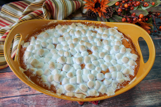 Amaretto sweet potatoes with toasted mini-marshmallows on top.