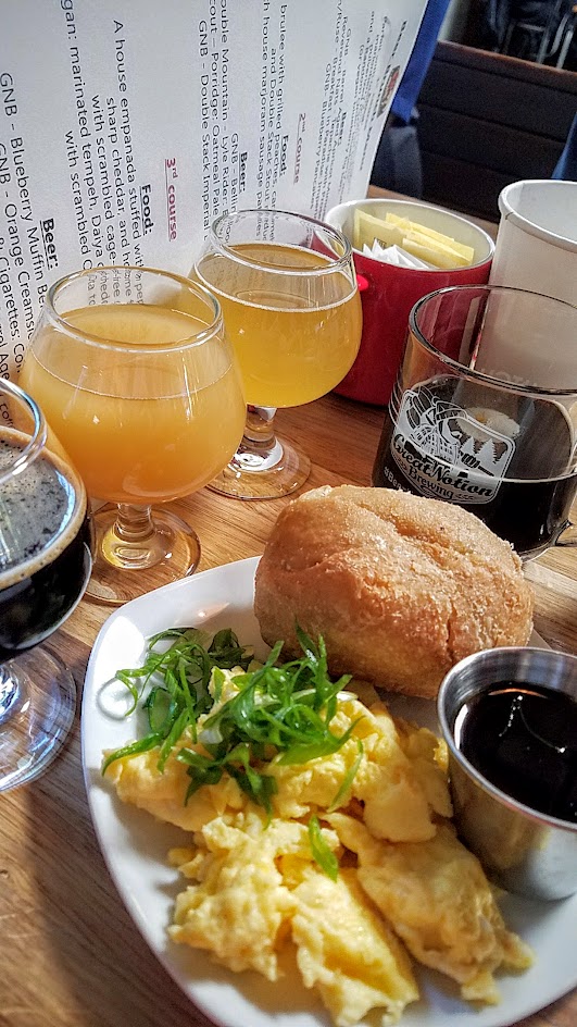 Beer for Breakfast at Great Notion Brewing on September 25, 2016: Course 3 House Empanada stuffed with pepper bacon, sharp cheddar, home fries with scrambled cage free eggs, or alternatively for vegans the empanada was stuffed with marinated tempeh, Daiya cheddar, and home fries with scrambled Ota tofu. Beer Pairings of Great Notion Brewing Blueberry Muffin Berliner Weiss, Great Notion Brewing Orange Creamsicle, Cellarmaker Coffee and Cigarettes Coffee Porter and Modern Times City of the Dead Barrel Aged Coffee Stout