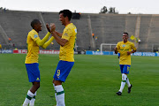 Mamelodi Sundowns striker Mauricio Affonso celebrates scoring with Thapelo Moreno and Gaston Sirino during the Telkom Knockout 2019, Last 16 match between Mamelodi Sundowns and AmaZulu FC at Lucas Moripe Stadium on October 20, 2019 in Pretoria, South Africa. 