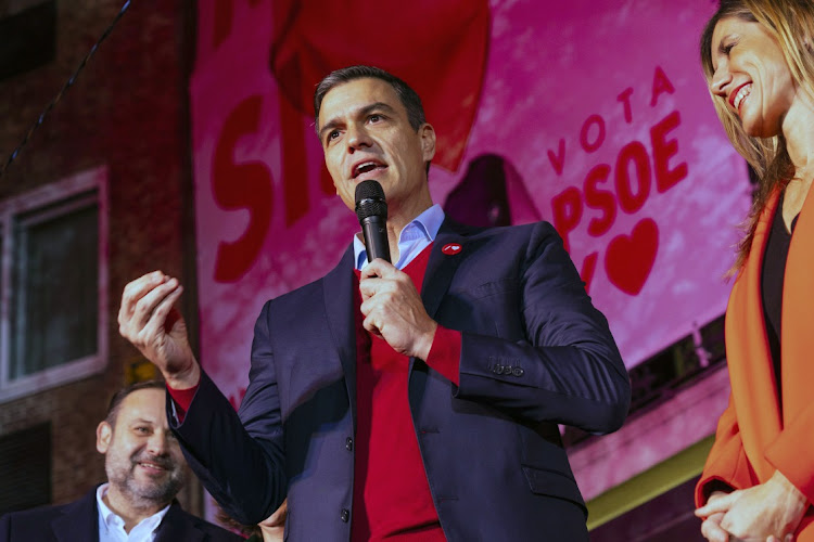 Spanish Prime Minister Pedro Sanchez speaks to supporters at the Partido Socialista Obrero Espanol party headquarters in Madrid, Spain, on November 10 2019. Picture: BLOOMBERG/ANGEL NAVARRETE