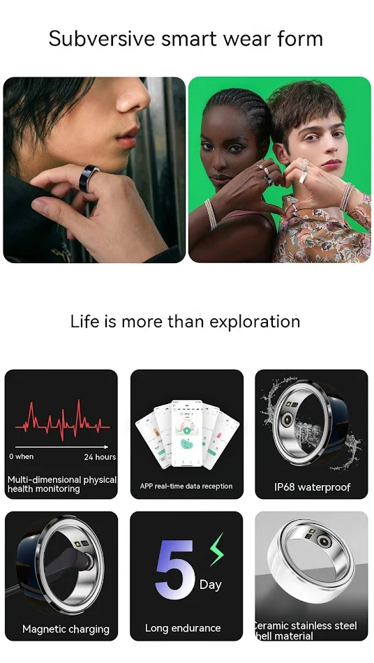 Ring voor bloeddruk, hartslag en slaapmonitoring Houd uw gezondheid in de gaten met deze handige ring. Monitor bloeddruk, hartslag en slaap.