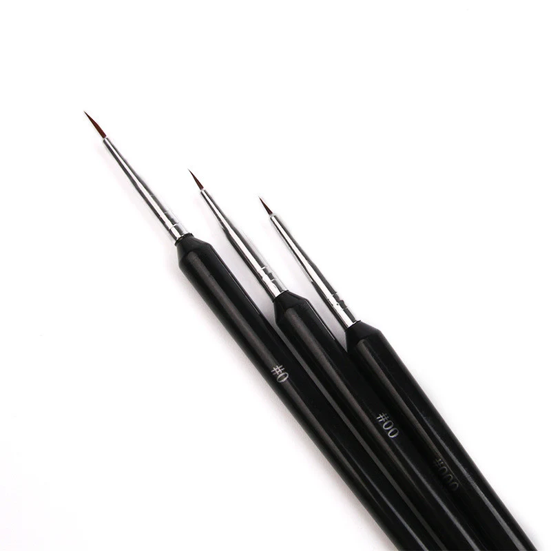 Set de 3 pinceaux noirs nylon et laine, pour traits fins, ligne crochet et plume. Parfait pour les détails précis en art.