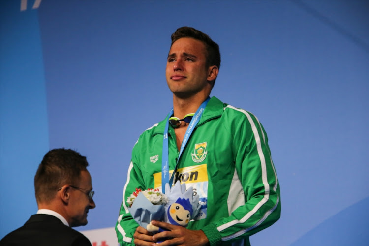 Chad le Clos of South Africa during the victory ceremony for the mens 200m butterfly during day 13 of the FINA World Championships at Duna Arena on July 26, 2017 in Budapest, Hungary.