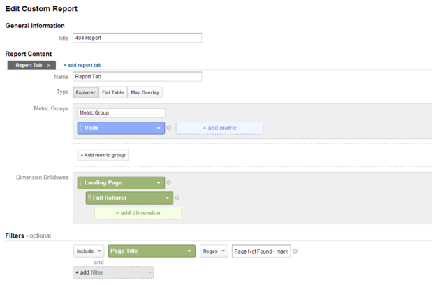 404 custom report in Google Analytics