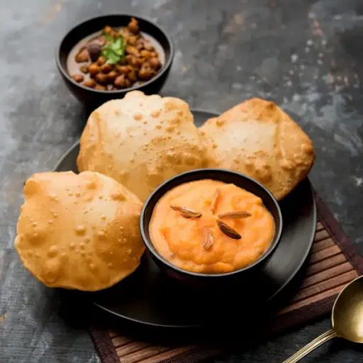 Puri With Aloo, Subji & Desi Ghee Halwa