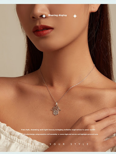 Title 4, Simple Sterling Silver S925 Fatima Hand Necklac...