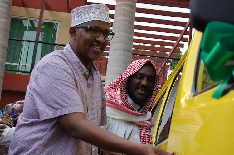 Garissa Township MP Aden Duale when he officially presented a van to Asha Binti Abibakar Islamic School in Garissa on Sunday, September 27, 2020