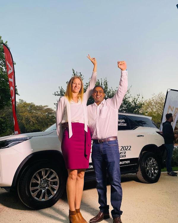 Sporting hero Bianca Buitendag and TimesLIVE challenger Keegan Chettiar celebrate after being named the winning team in the 2022 Fortuner Challenge.