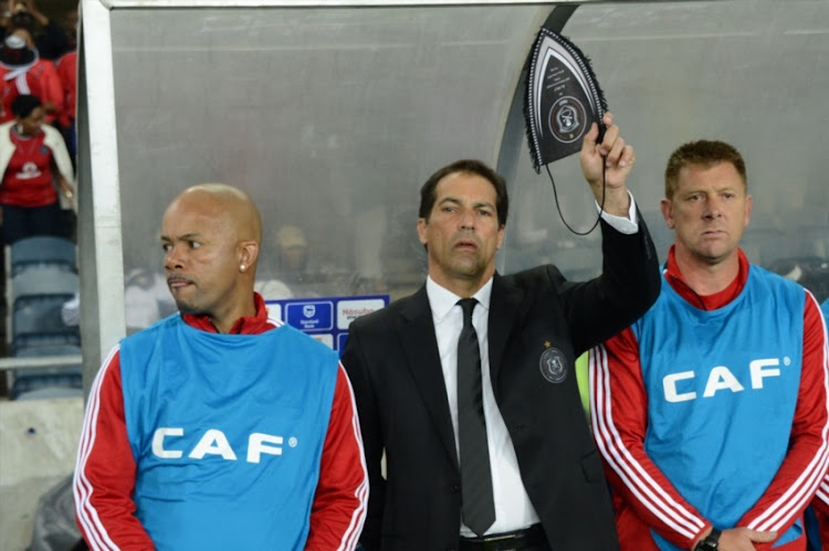 Tebogo Moloi, Roger De Sa and Eric Tinkler during the CAF Champions League Final 1st Leg match between Orlando Pirates and Al Ahly from Orlando Stadium on November 02, 2013 in Soweto.