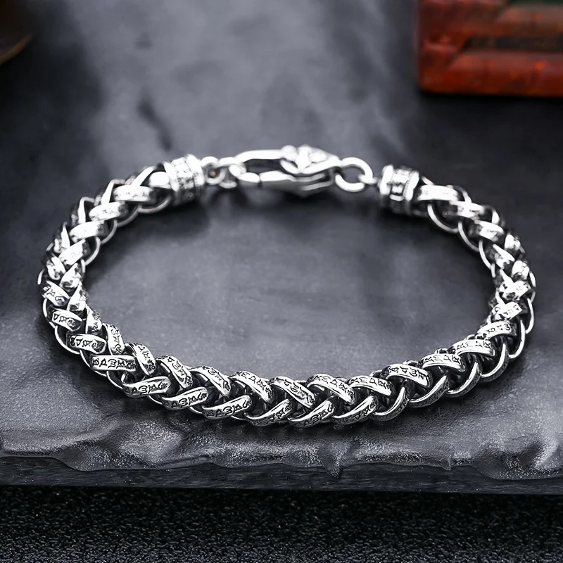 Heren Geweven Sterling Zilveren Zes-Woorden Mantra Armband voor rust en positieve energie.