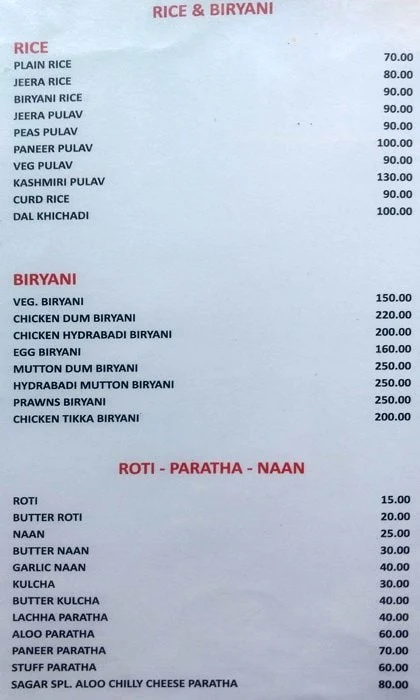 Sagar Restaurant menu 