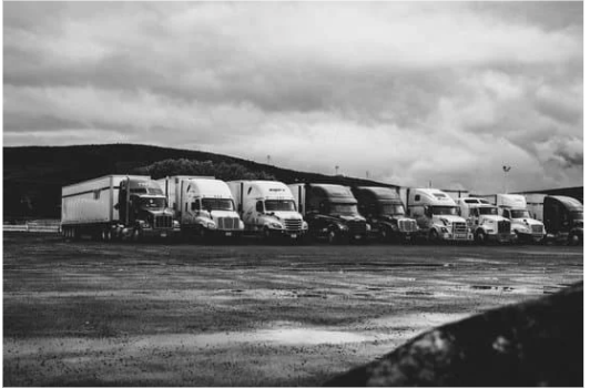 Line of trucks in a parking lot