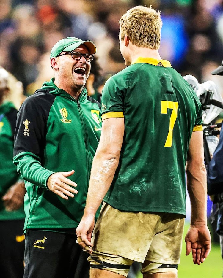 Jacques Nienaber, head coach, and Pieter-Steph celebrate the Boks' World Cup victory in Paris.