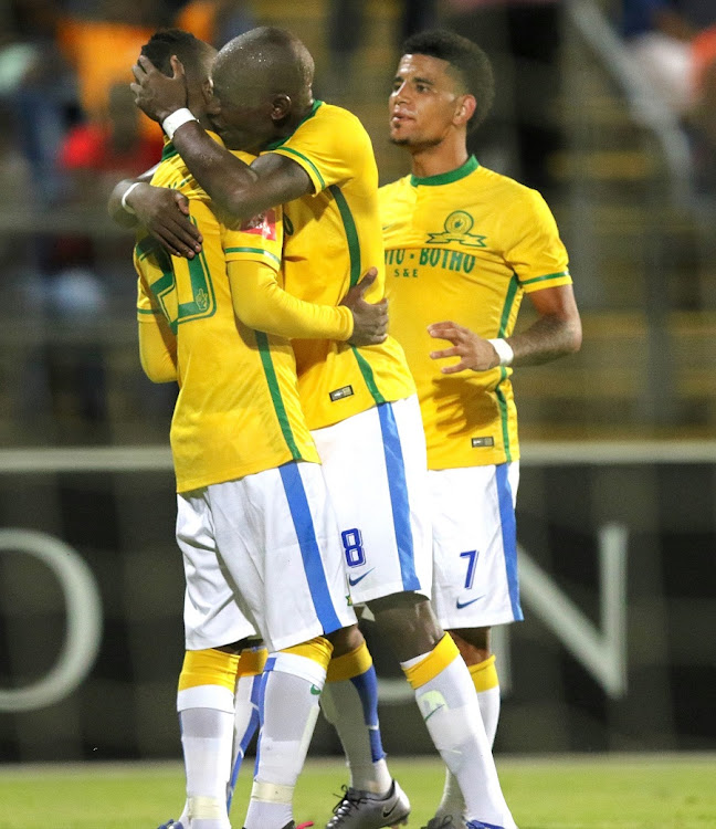 TEAM WORK: Khama Billiat, left, Hlompho Kekana and Keegan Dolly celebrate a goal against Maritzburg United in January when Sundowns started their march to the title. Picture: GALLO IMAGES/ANESH DEBIKY