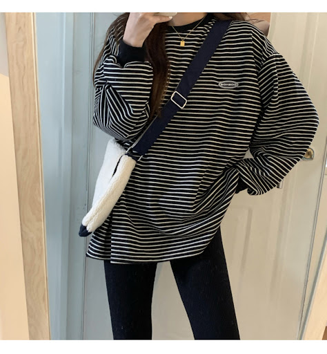 Title 5, Thin Striped Long-sleeved Sweater Loose Round N...