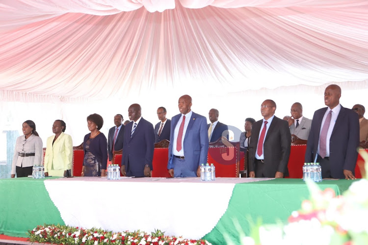 Higher education PS Beatrice Inyangala, TVET PS Esther Mworia, TSC CEO Nancy Macharia, Education PS Belio Kipsang, CS Ezekiel Machogu, KNEC CEO David Njengere, Parliamentary Committee on Education Chairperson Julius Melly, KNEC council chairman Julius Nyabundi during the release of KCSE results at Mitihani House in Kilimani, Nairobi on January 20.