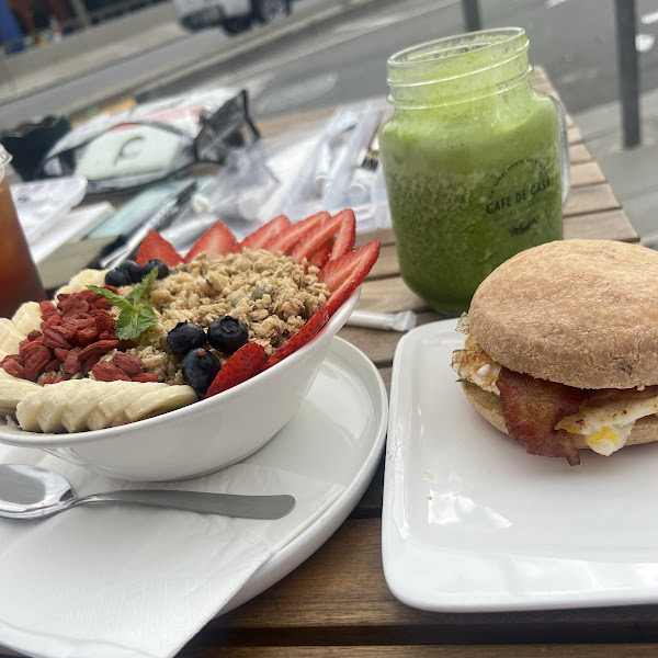 Acai bowl, cheese bread & egg& avocado & bacon sandwich, green juice