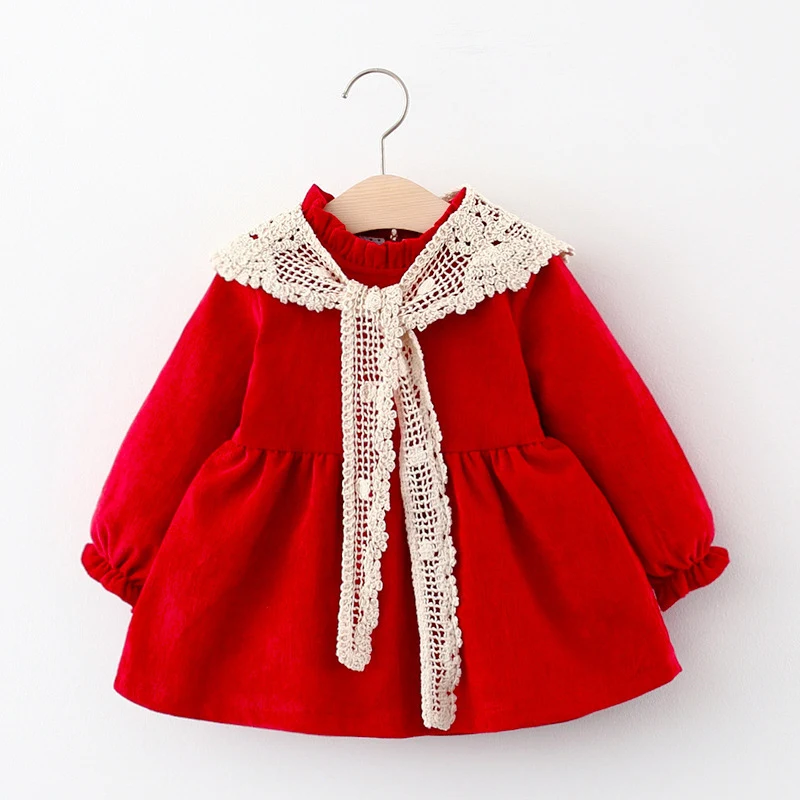 Preppy Style Hollow Bow Tie Sweet Solid Color Corduroy Princess Dress