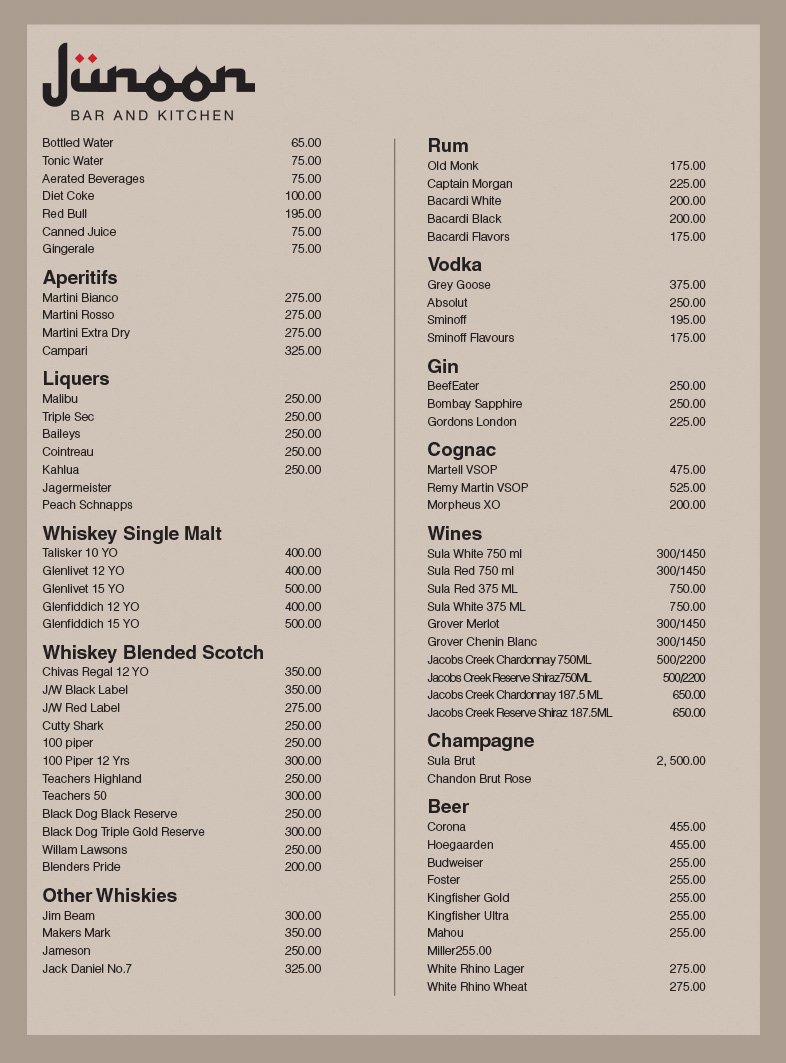 Menu Of Junoon Bar Kitchen