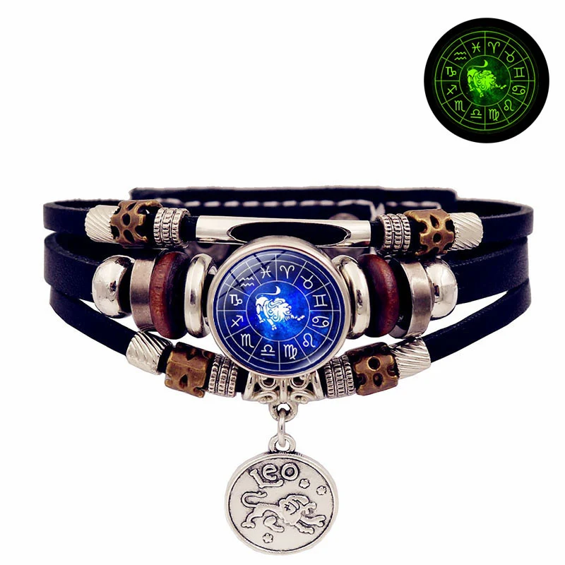 Luminous twaalf sterrenbeelden vintage leren armband met meerdere lagen, kralen en drukknoopsluiting. Een prachtig cadeau.