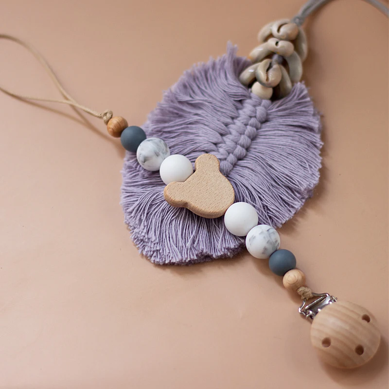 Beech wood pacifier with silicone nipple and chain, safe, natural, and convenient for soothing and preventing loss for b