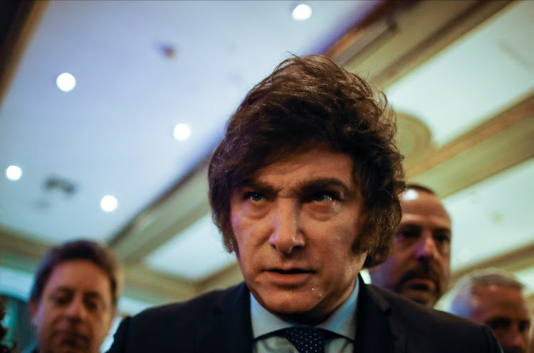 Argentine presidential candidate Javier Milei leaves the stage after speaking at the 9th Latam Economic Forum in Buenos Aires, Argentina September 6, 2023.