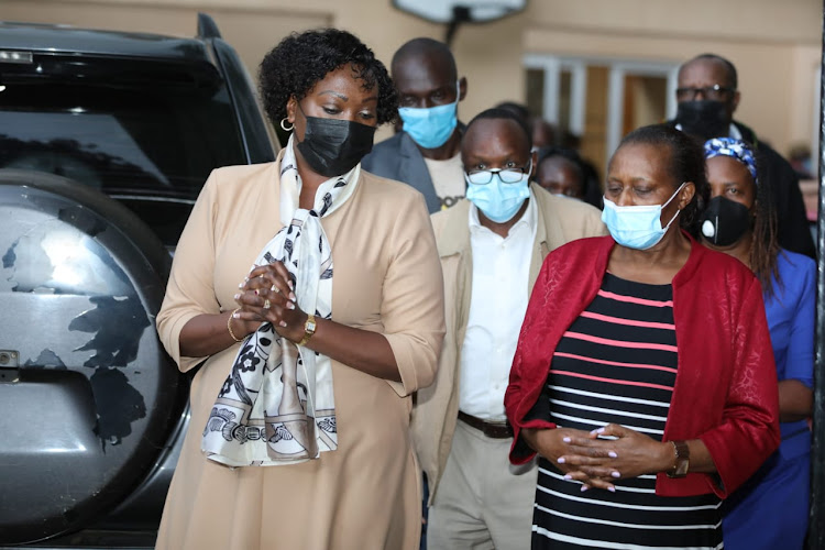 Nairobi Deputy Governor Ann Kananu being recieved by the widow of the late County Assembly Speaker Alex Magelo at their home in Nairobi on May 8, 2021