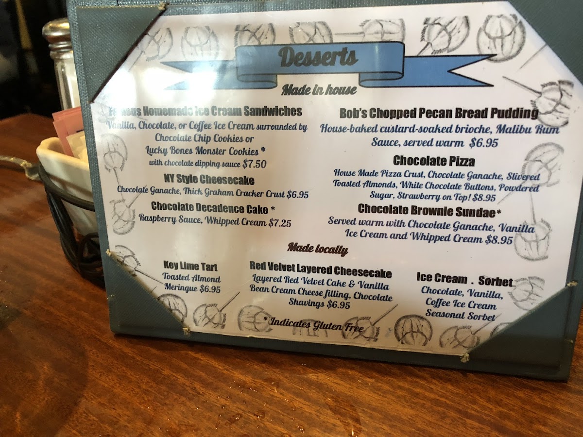 Dessert menu. 3 gf options marked with “*” symbol.