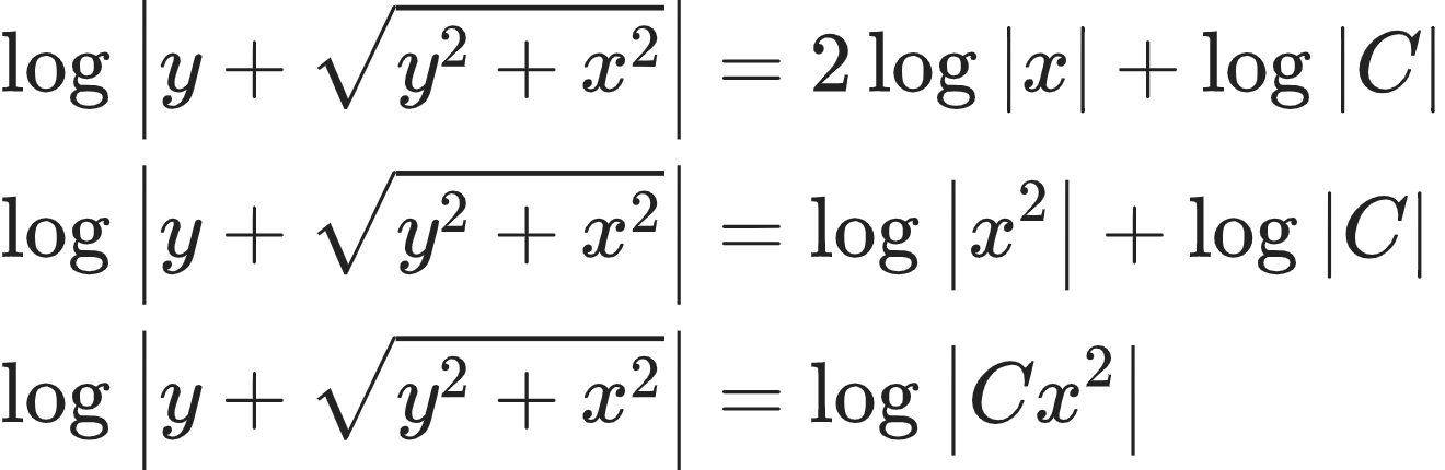 {"font":{"size":10,"color":"#222222","family":"Arial"},"type":"align*","code":"\\begin{align*}\n{\\log_{}\\left|y+{\\sqrt[]{y^{2}+x^{2}}}\\right|}&={2\\log_{}\\left|x\\right|+\\log_{}\\left|C\\right|}\\\\\n{\\log_{}\\left|y+{\\sqrt[]{y^{2}+x^{2}}}\\right|}&={\\log_{}\\left|x^{2}\\right|+\\log_{}\\left|C\\right|}\\\\\n{\\log_{}\\left|y+{\\sqrt[]{y^{2}+x^{2}}}\\right|}&={\\log_{}\\left|Cx^{2}\\right|}\t\n\\end{align*}","id":"16-1-0-0-0-1-1-1-1-1-2-0","ts":1604135084309,"cs":"Jqwfa8LmwQQUQa9eh9kiMw==","size":{"width":264,"height":85}}