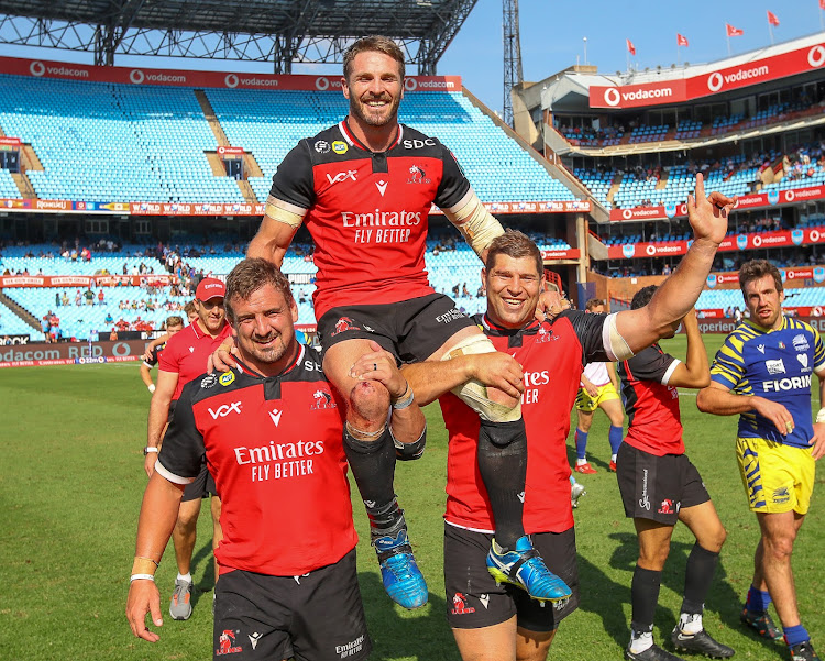 Retiring Lions flank Jaco Kriel departs the scene for the last time after his team's win over Zebre in the United Rugby Championship at Loftus Versfeld. He is carried off the field by Ruan Dreyer (left) and Willem Alberts.