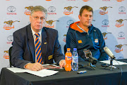 Cheetahs Managing Director Harold Verster (L) and newly appointed Head Coach of Toyota Cheetahs, Hawies Fourie during the Toyota Cheetahs media conference at Media Centre, Toyota Stadium on June 27, 2019 in Bloemfontein, South Africa. 