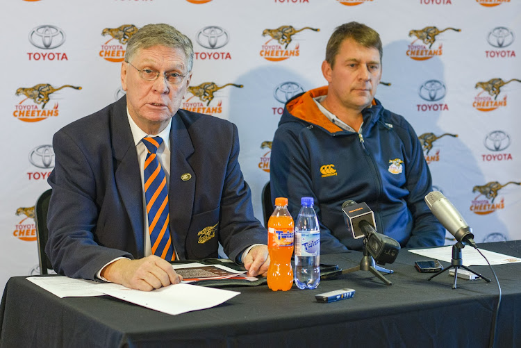 Cheetahs Managing Director Harold Verster (L) and newly appointed Head Coach of Toyota Cheetahs, Hawies Fourie during the Toyota Cheetahs media conference at Media Centre, Toyota Stadium on June 27, 2019 in Bloemfontein, South Africa.