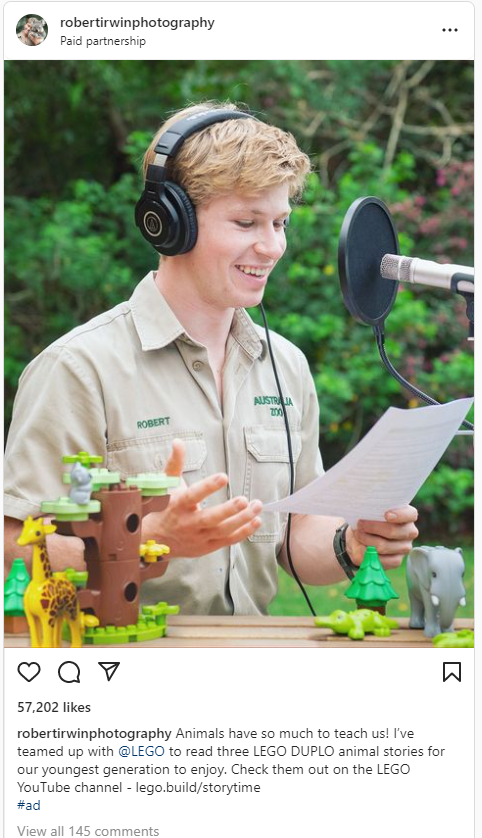 Robert Irwin recently posted on his Instagram that he has partnered with LEGO DUPLO to read three animal-themed stories for them. 