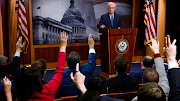 Senate minority leader Mitch McConnell at a press conference on Capitol Hill in Washington DC on April 23 2024 as the US Senate considers a $95bn Ukraine-Israel aid package. 