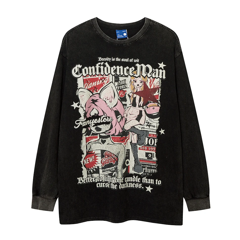 T-shirt en coton lavé et usé, manches longues amples, col rond. Confort et style décontracté pour un look quotidien parfait.
