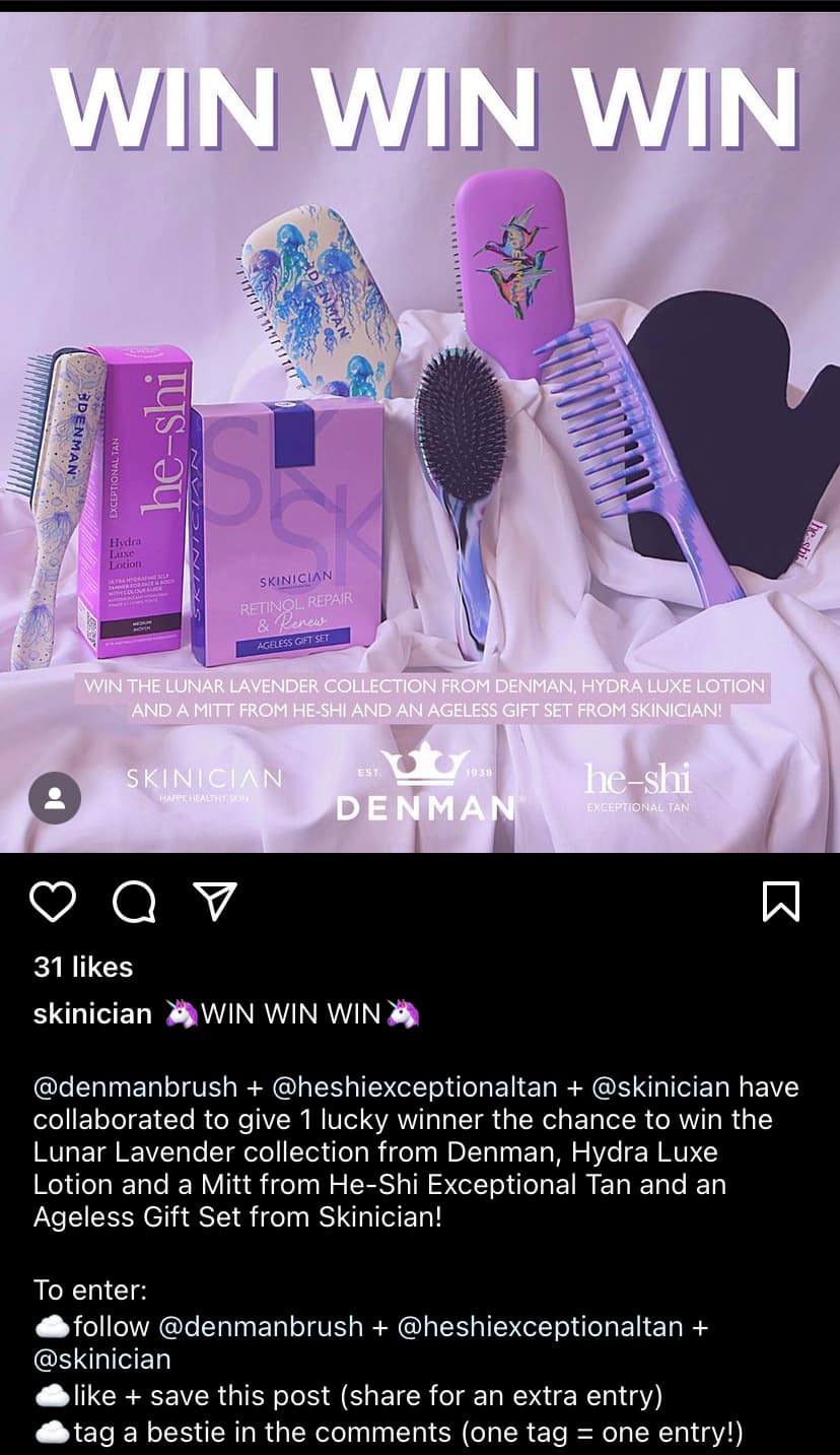 Screenshot of Skinician's Instagram post showing a content giveaway; How to Get More Followers on Instagram