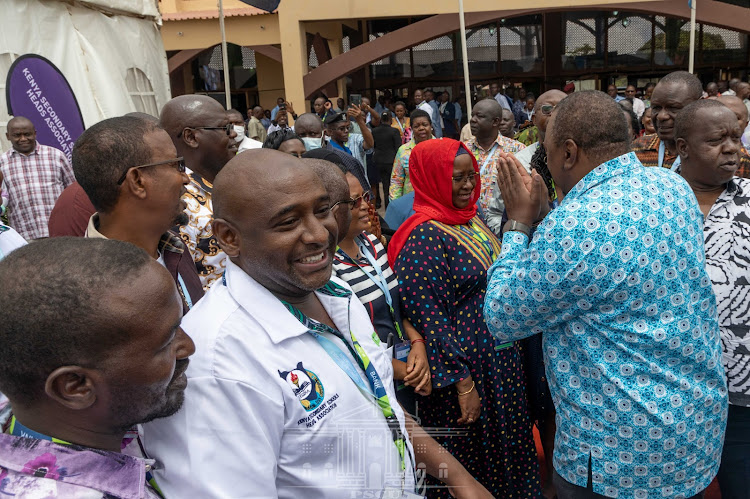 President Uhuru Kenyatta interacts with school principals and education stakeholders attending the 45th Kenya Secondary Schools Heads Association (KESSHA) annual conference at Sheikh Zayed Hall in Mombasa County.