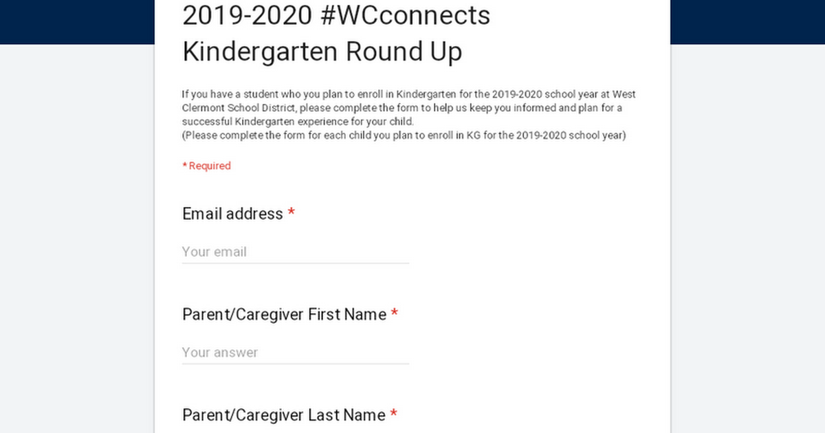 2019-2020 #WCconnects Kindergarten  Round Up