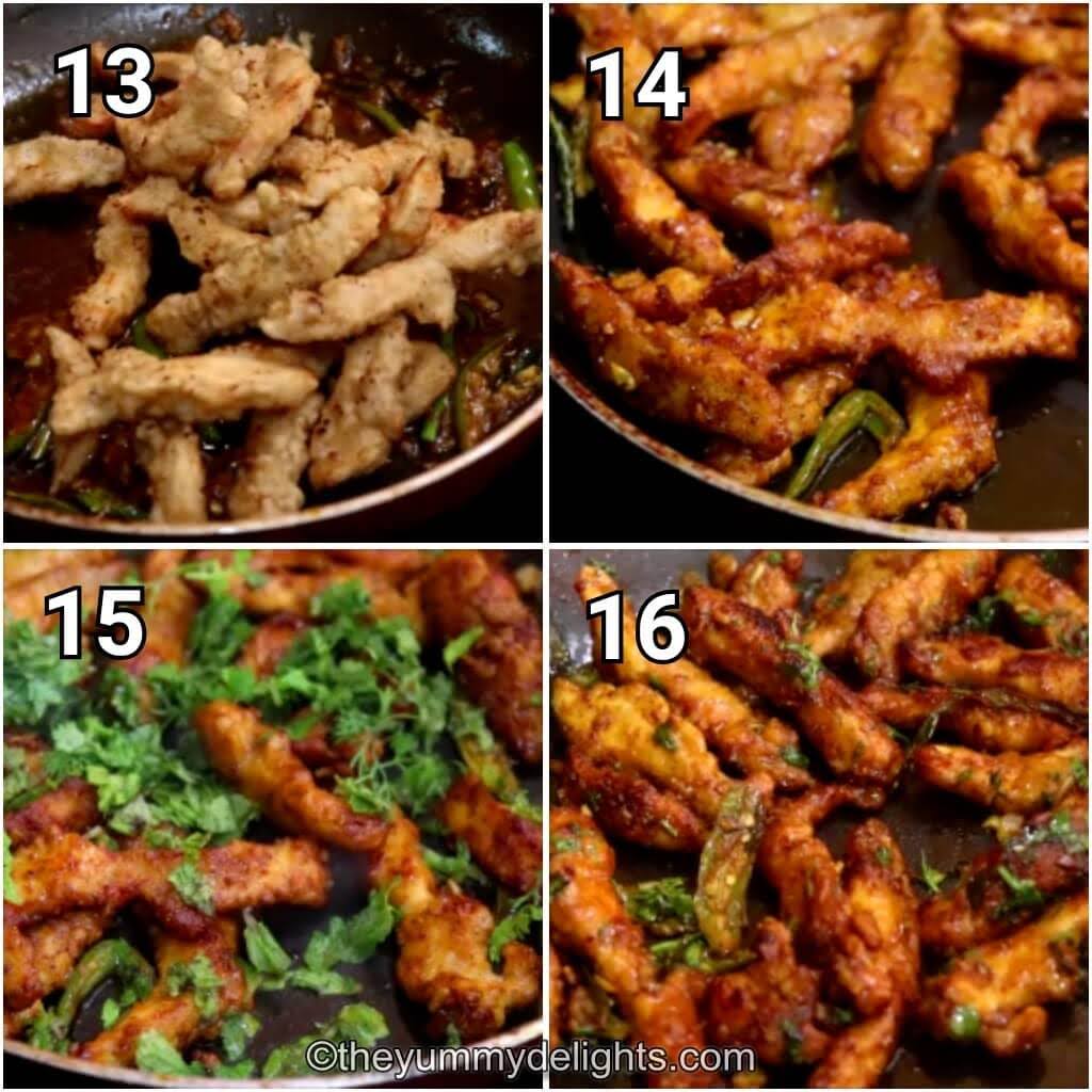 step by step image of stir-frying the chicken strips & cooking it with spices to make majestic chicken.