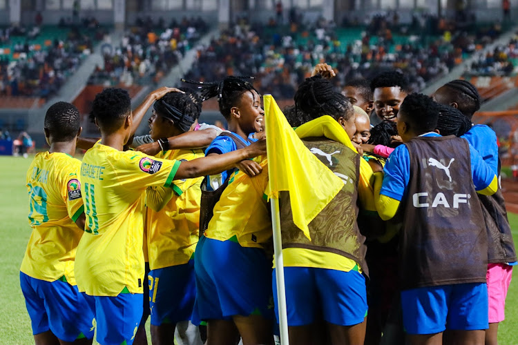 Mamelodi Sundowns Ladies players celebrate in their 1-0 win against AS FAR of Morocco in Wednesday's Caf Comen's Champions League semifinal at Stade Amadou Gon Coulibaly in Korhogo, Ivory Coast.