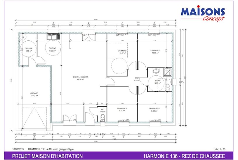  Vente Terrain + Maison - Terrain : 1 363m² - Maison : 100m² à Reugny (37380) 