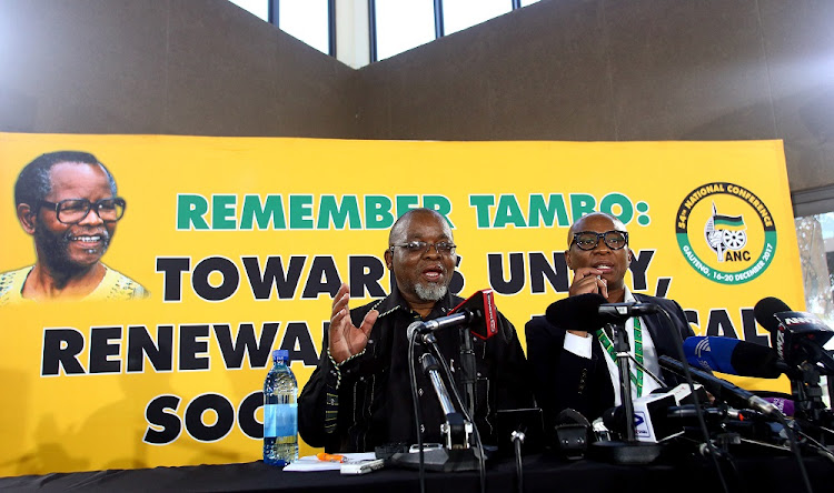 Outgoing ANC Secretary General, Gwede Mantashe address the media for the last time as the ANC Secretary General as Zizi Kodwa looks on during the 54th ANC National Elective Conference.