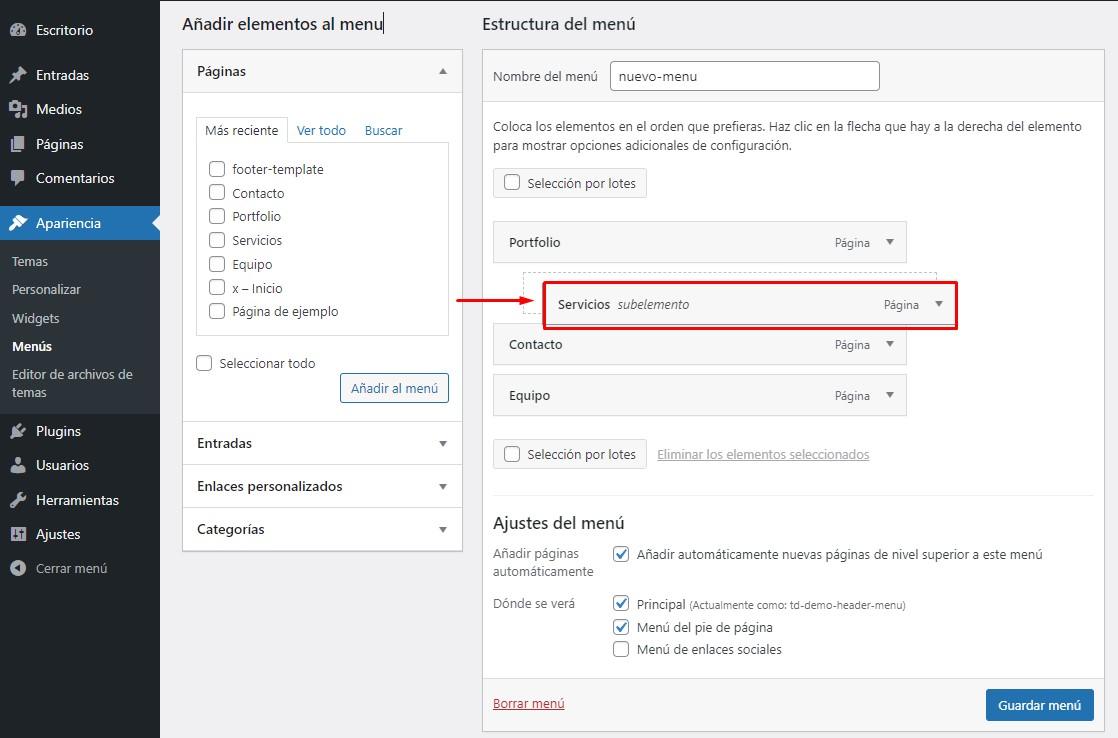 crear un menú en WordPress