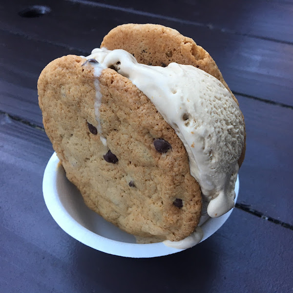 Ice cream sandwich with gluten free chocolate chip cookies