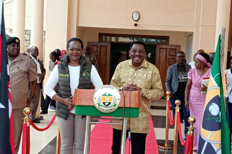 Cabinet Secretary for Environment,Climate change and Forestry Soipan Tuya and Siaya governor James Orengo addressing journalists at the governor's office on Friday, April 5, 2024.