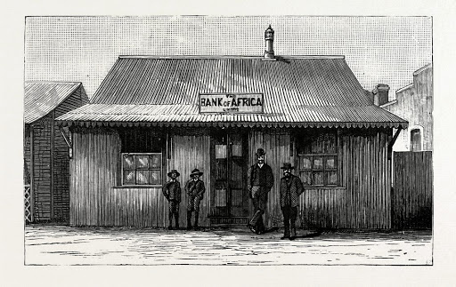 An engraving of The Bank Of Africa, Johannesburg, 1887.