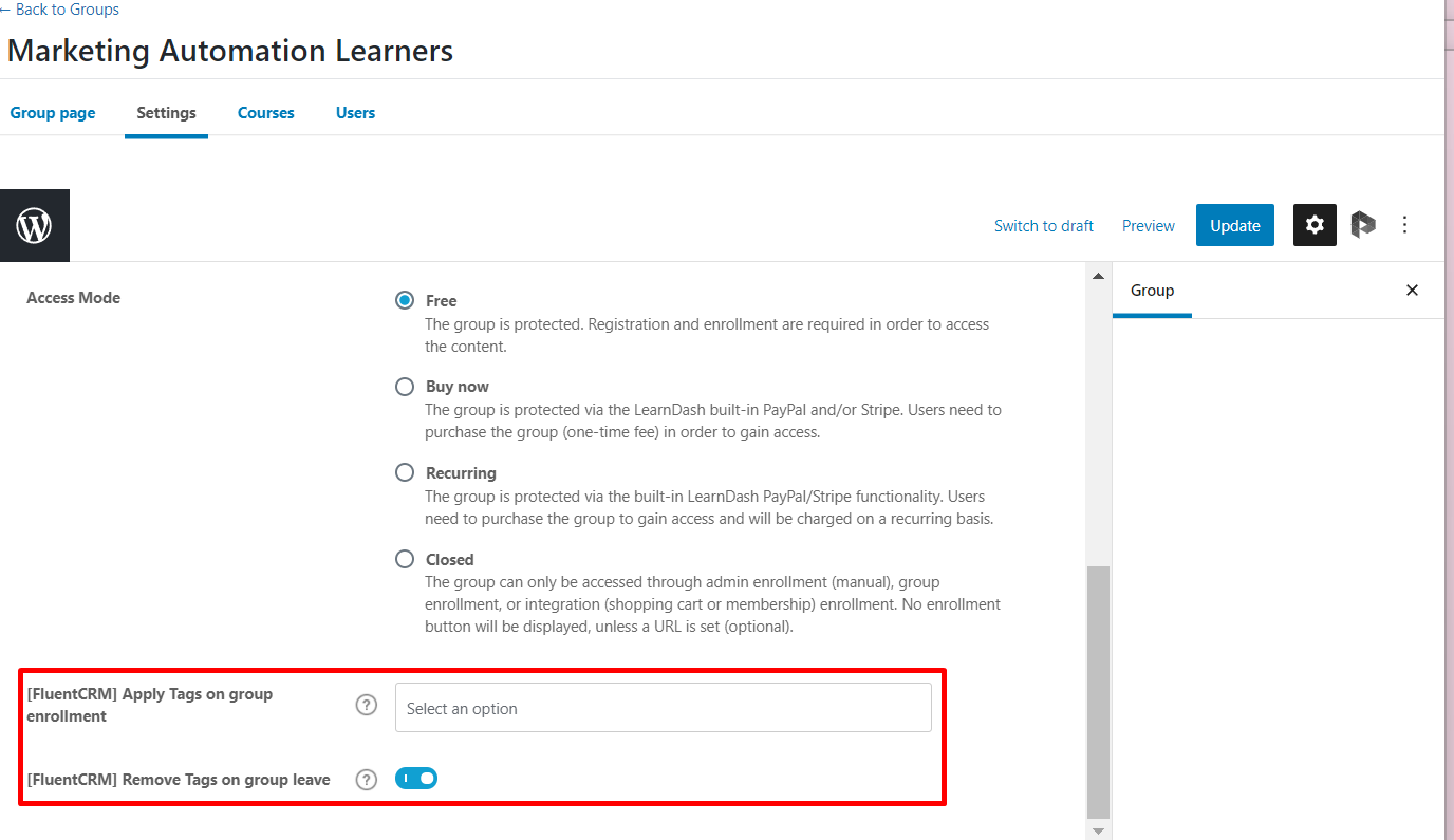 fluentcrm learndash groups tagging