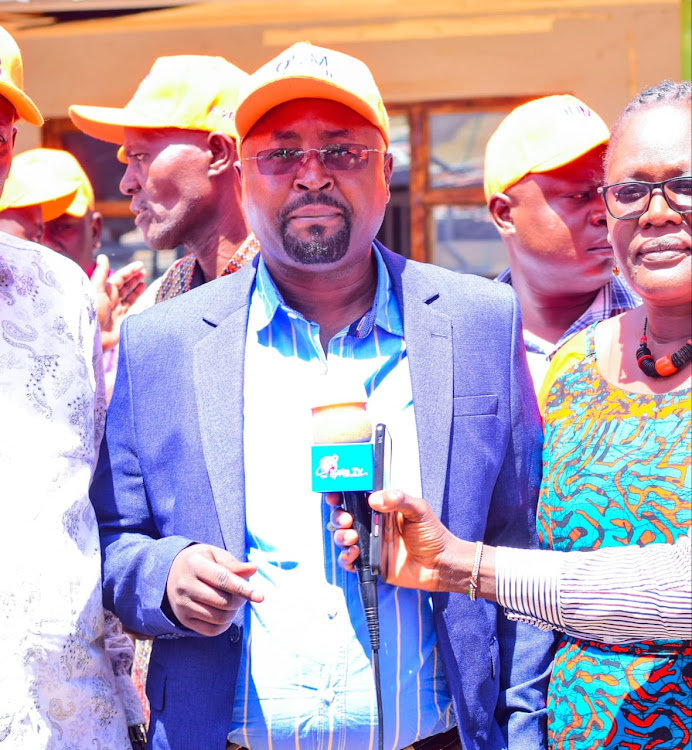 Fred Odumo speaking to the press after holding a meeting with Kisumu East ODM party officials on February 24, 2024