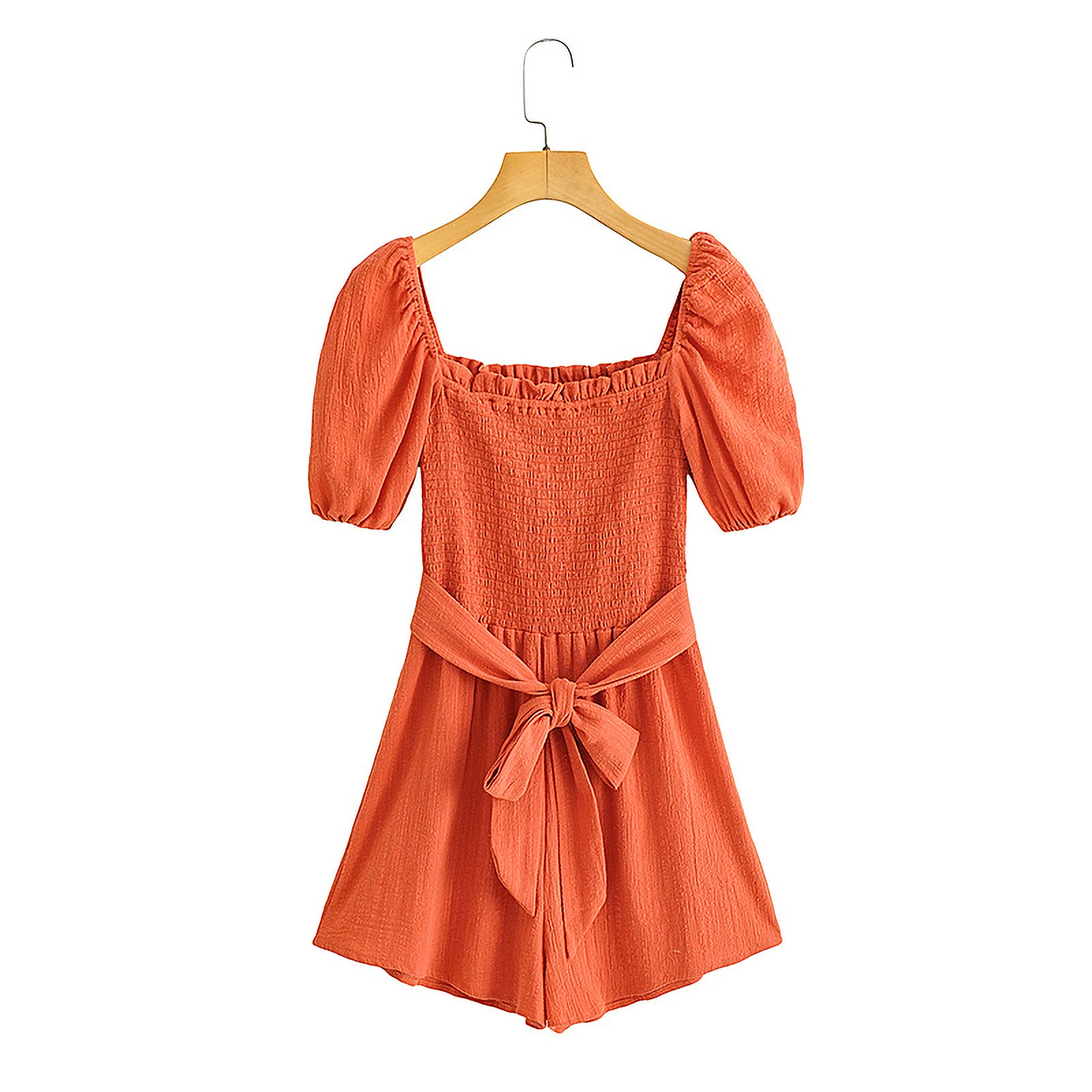 Modischer Overall aus Baumwollkrepp mit kurzen Ärmeln und Gürtel für Damen